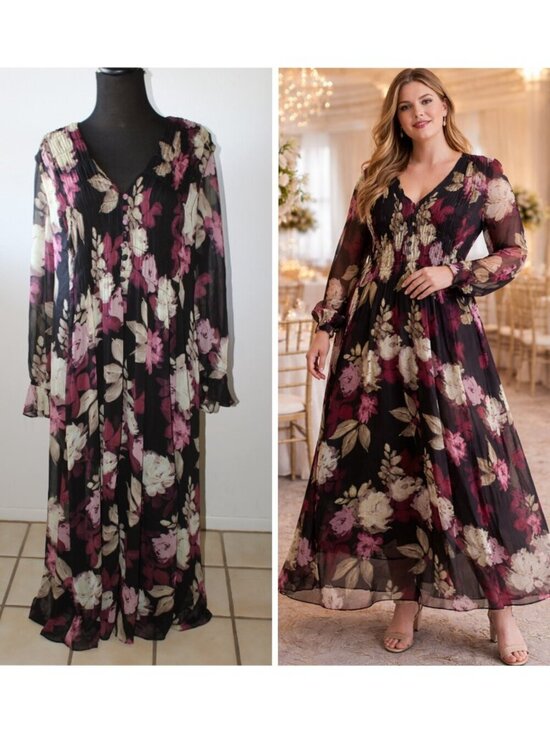Taylor Dresses & Skirts - Taylor Chiffon Floral Print Dress Long Sleeve Size 16/XL Smoke V-Neck Party